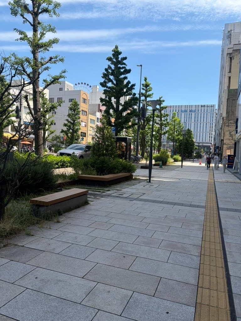 井上蒲鉾本舗前の整備された通りとベンチ
