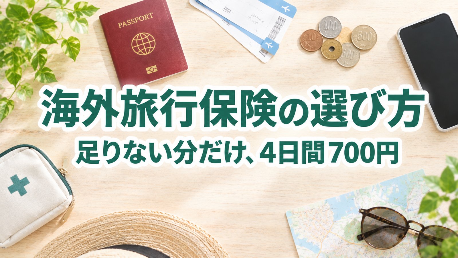 パスポートと救急ポーチ、硬貨が並ぶテーブルに「海外旅行保険の選び方」の文字