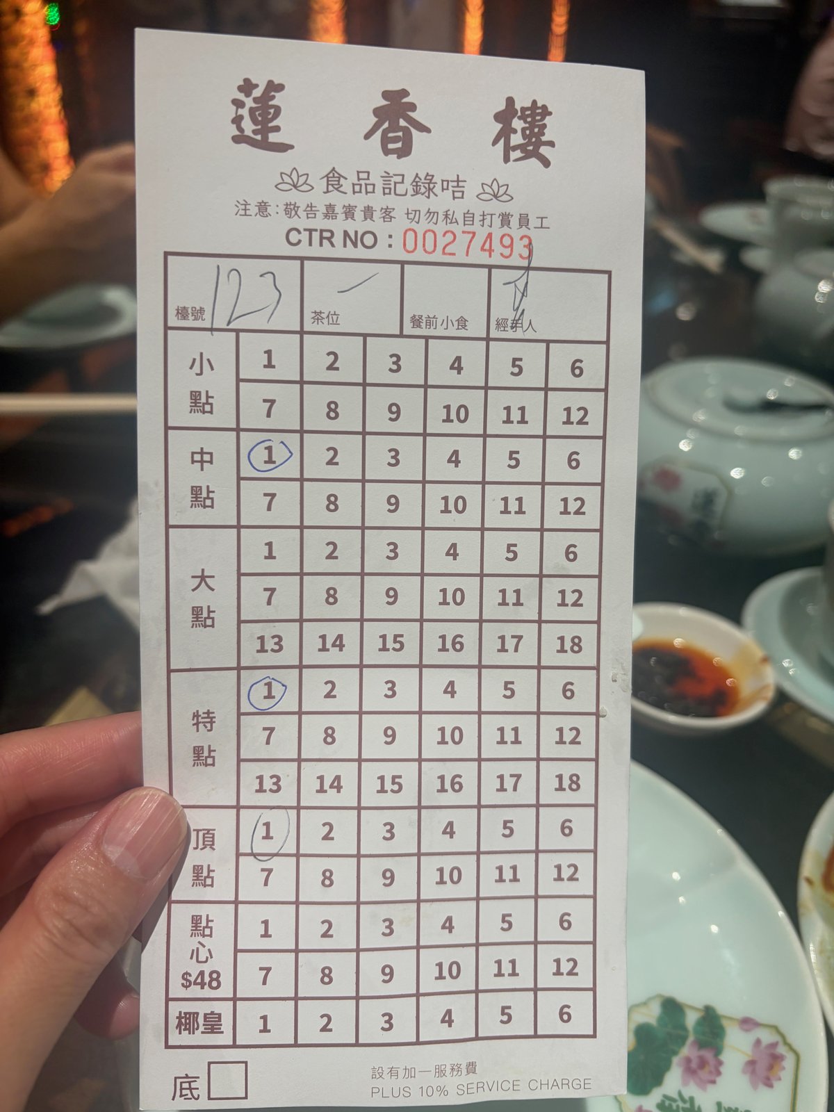 丸がついた注文用紙。中點・特點・頂點に1つずつ丸がある