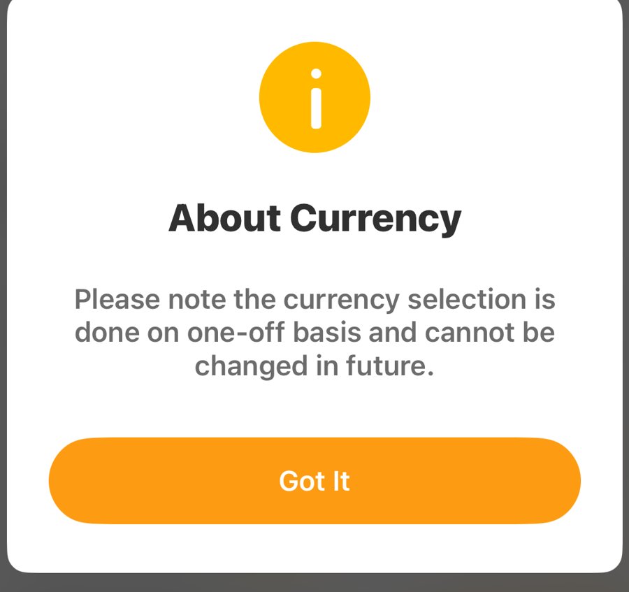 「通貨の選択は1回限りで、あとから変更できません」という英語の注意書き
